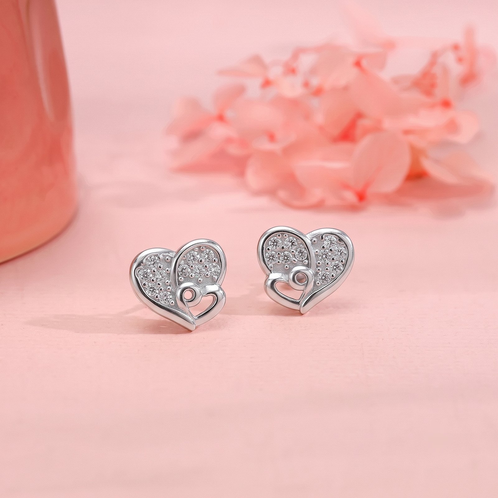 Sparkling Heart Embrace Silver Stud Earrings
