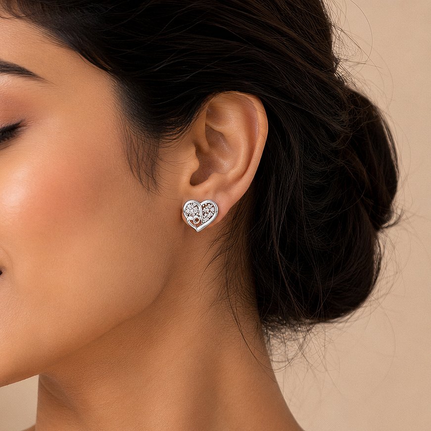 Sparkling Heart Embrace Silver Stud Earrings