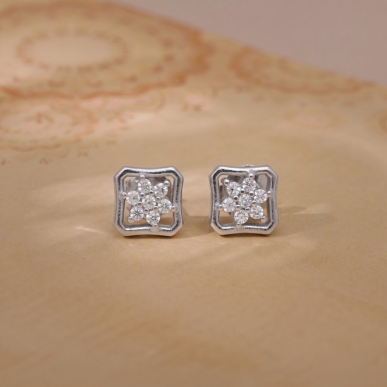 Floral Square Silver Stud Earrings