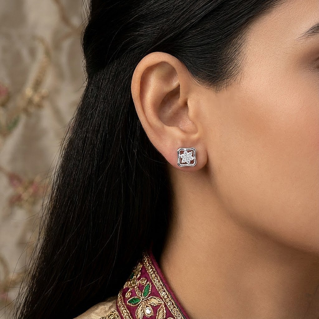 Floral Square Silver Stud Earrings