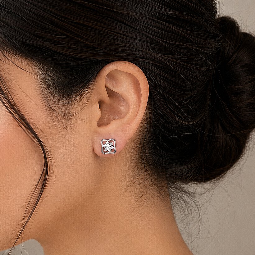 Floral Square Silver Stud Earrings