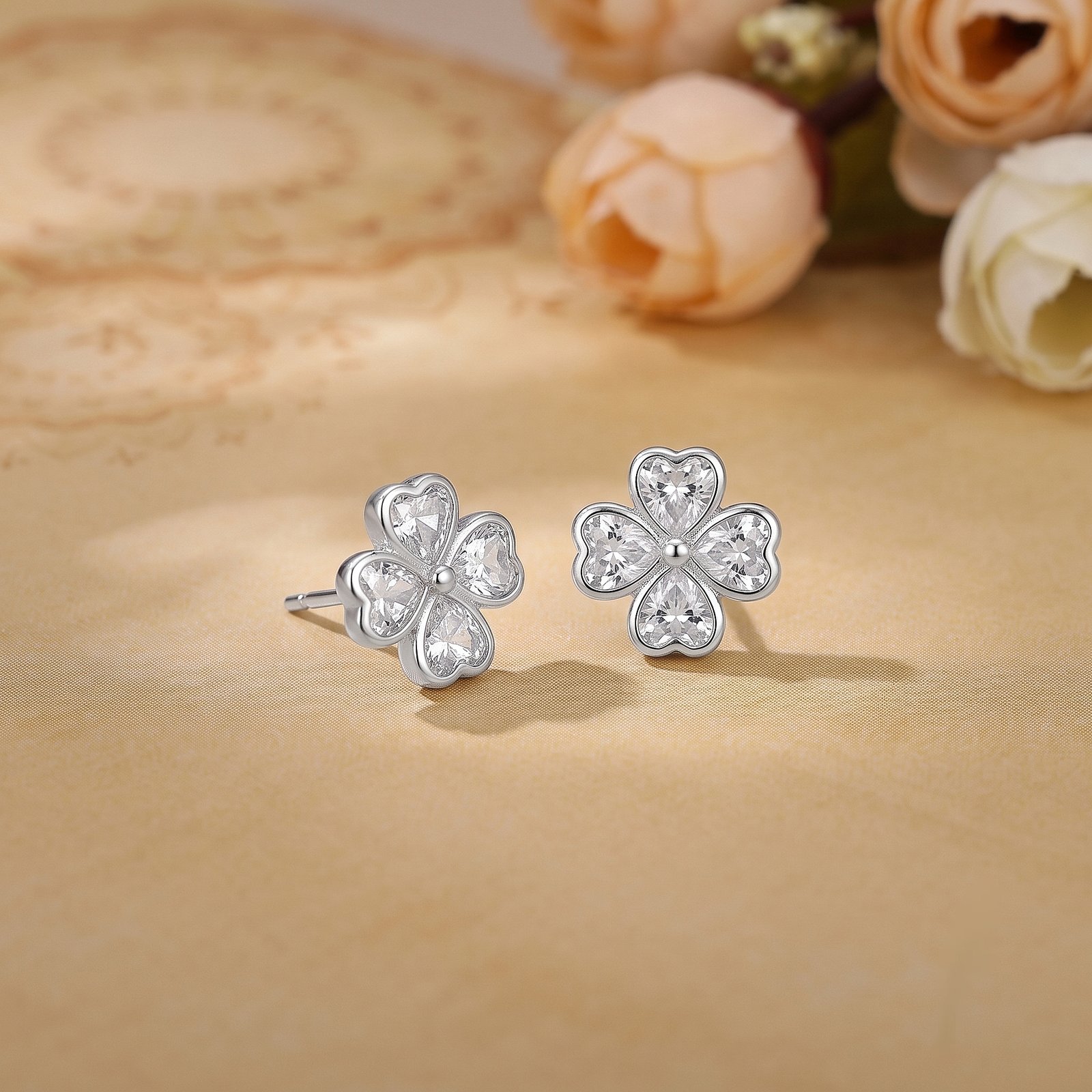 Four Heart Clover Silver Stud Earrings
