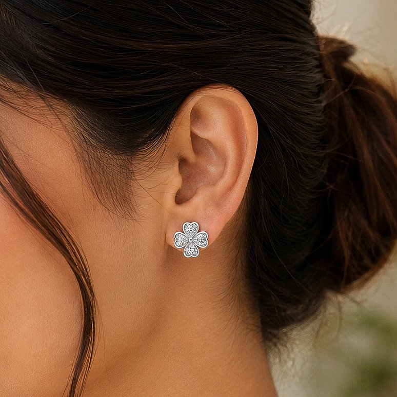 Four Heart Clover Silver Stud Earrings