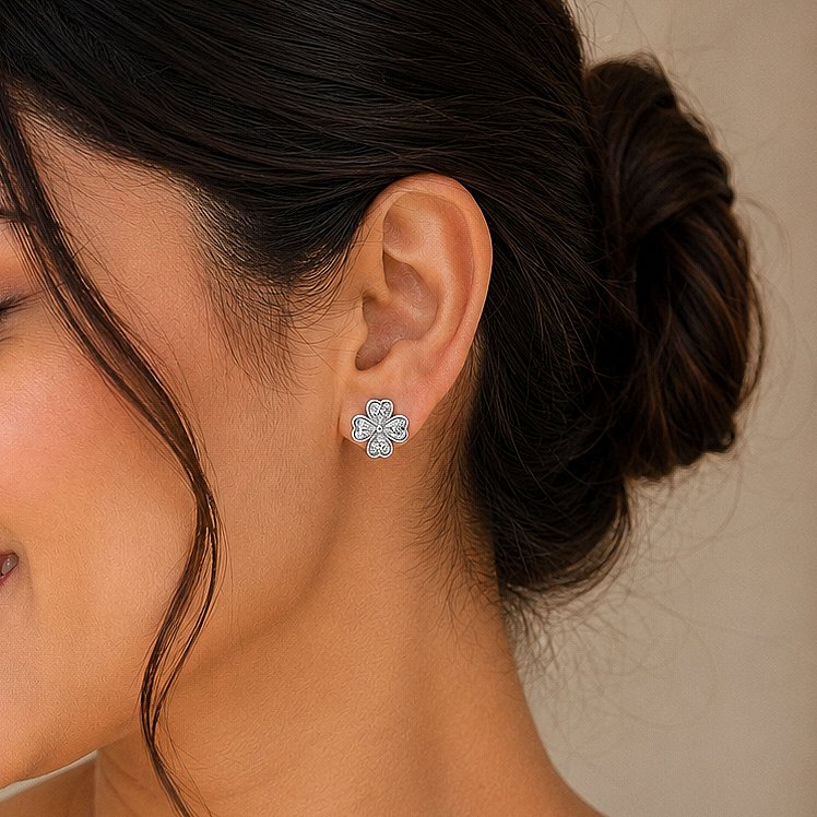 Four Heart Clover Silver Stud Earrings