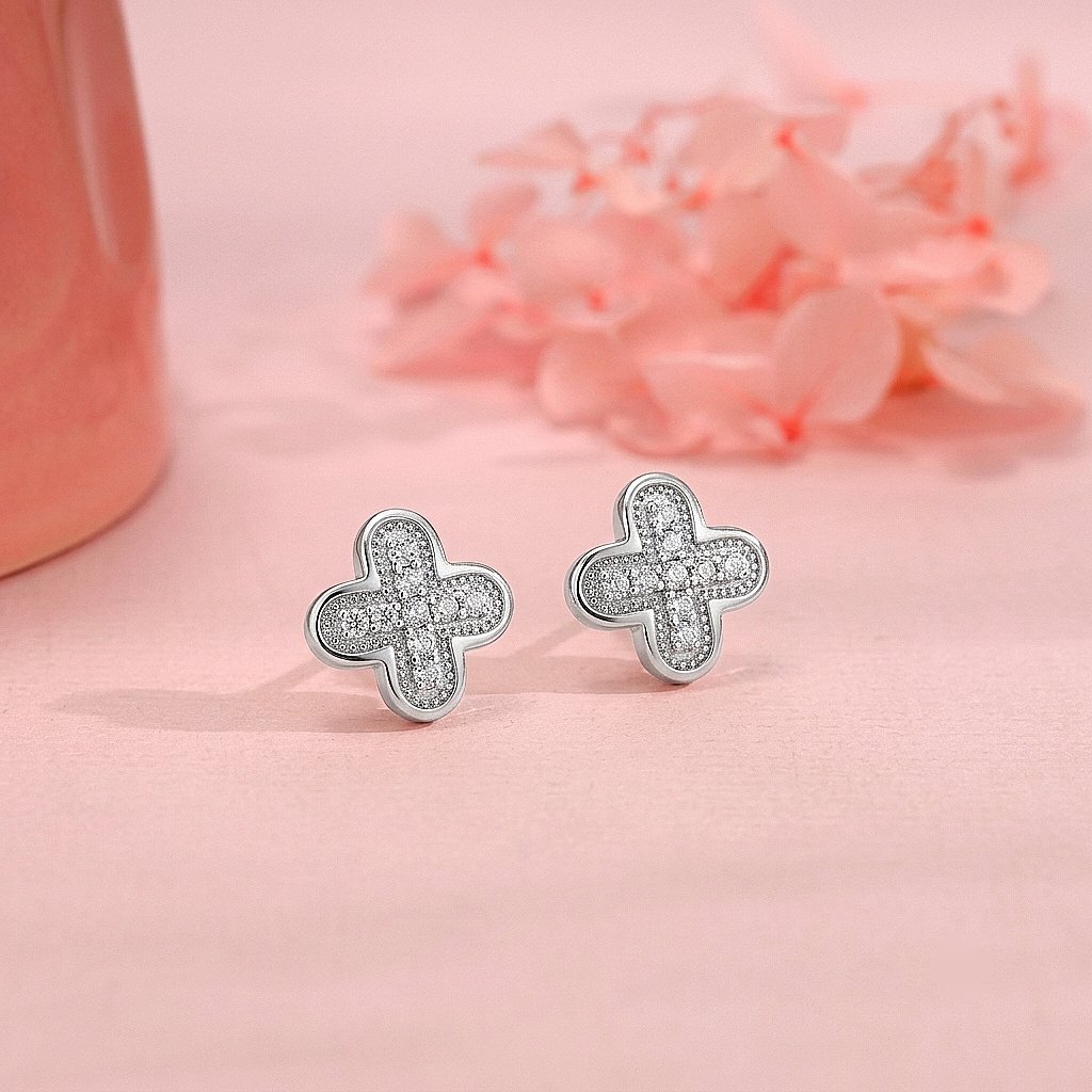 Sparkling Clover Silver Stud Earrings