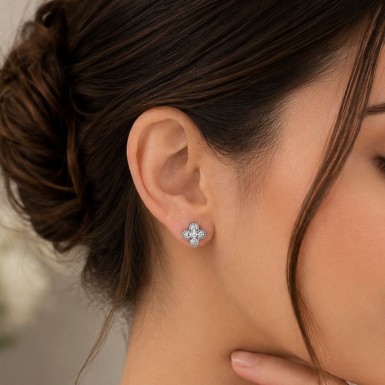 Sparkling Clover Silver Stud Earrings