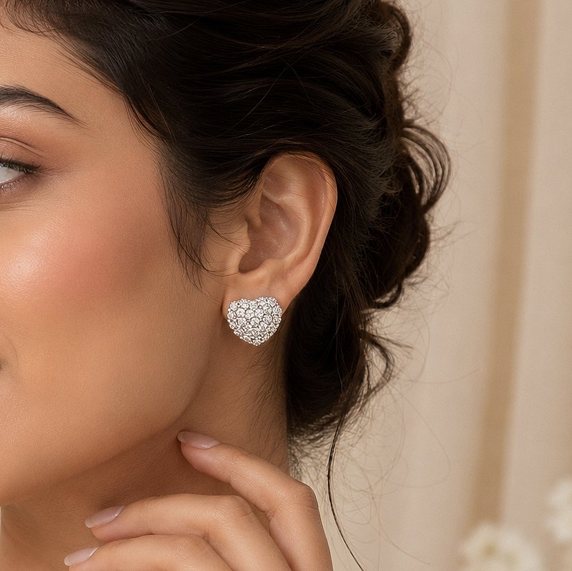 Pave Heart Silver Stud Earrings