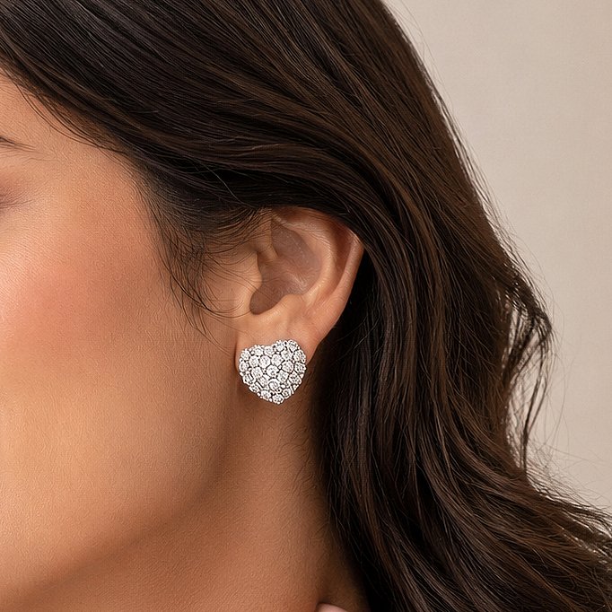 Pave Heart Silver Stud Earrings