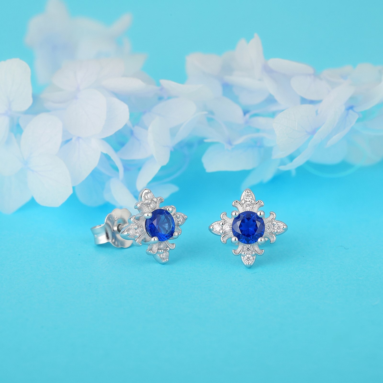 Blue Sapphire Floral Silver Stud Earrings