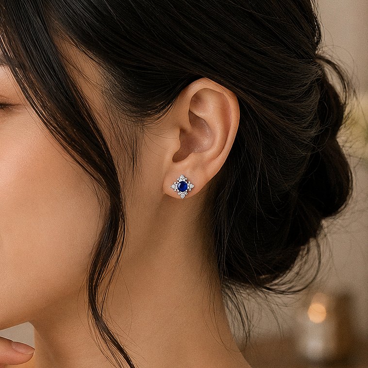 Blue Sapphire Floral Silver Stud Earrings