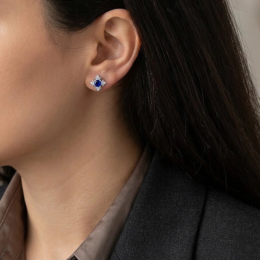 Blue Sapphire Floral Silver Stud Earrings