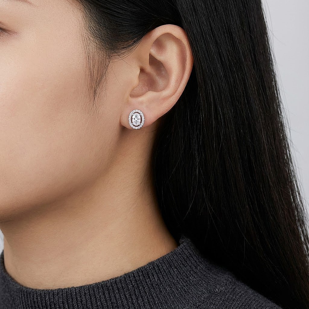 Oval Halo Solitaire Silver Stud Earrings