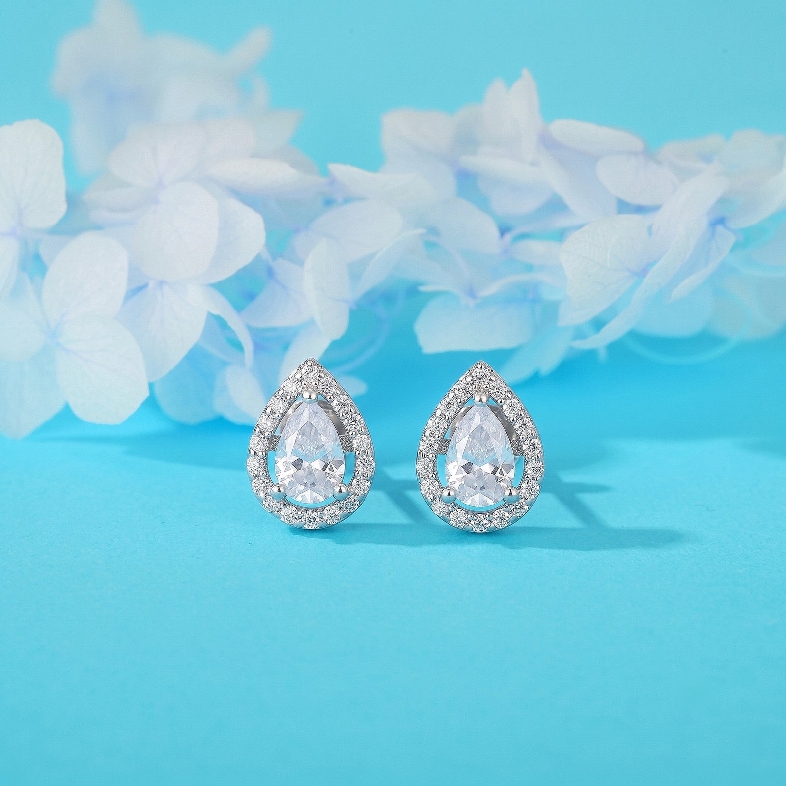 Pear Halo Silver Stud Earrings
