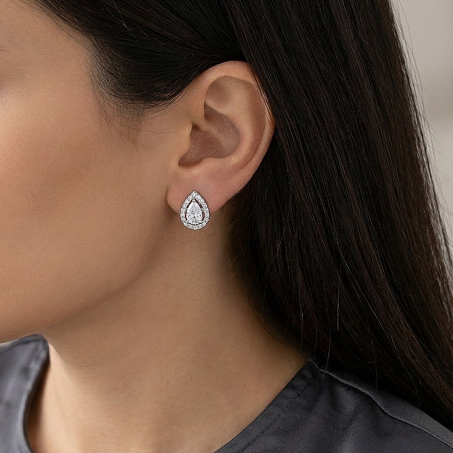 Pear Halo Silver Stud Earrings