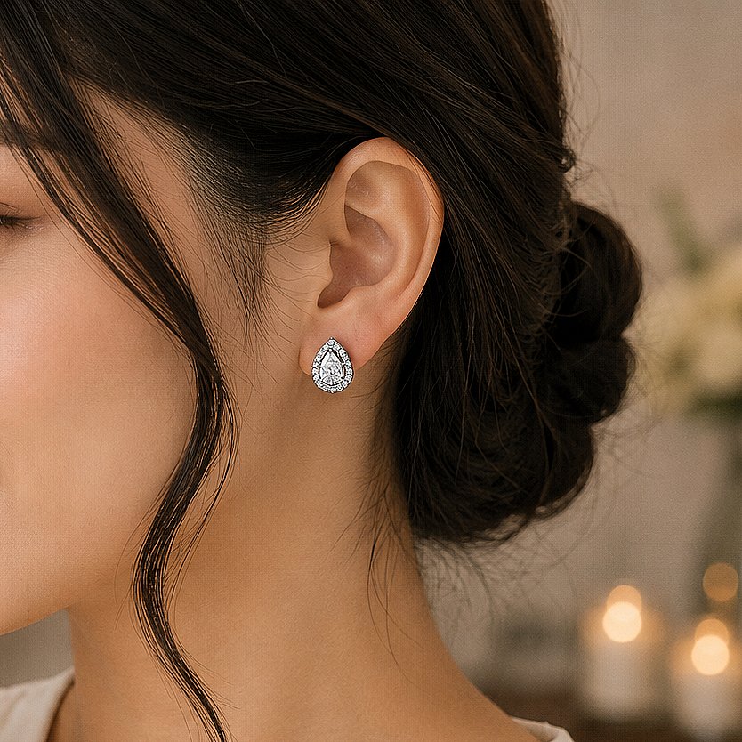 Pear Halo Silver Stud Earrings