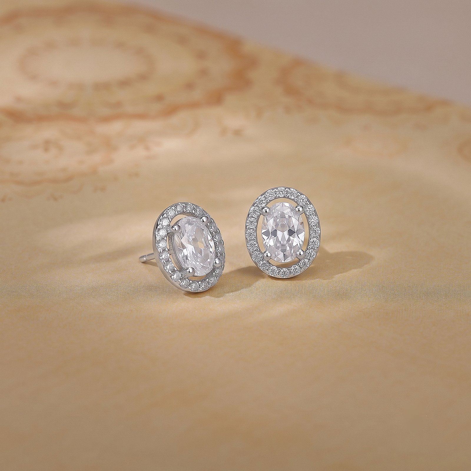 Oval Halo Silver Stud Earrings