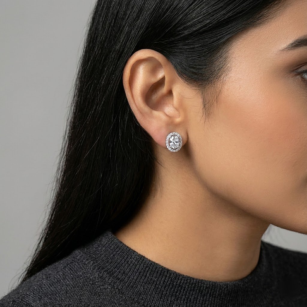 Oval Halo Silver Stud Earrings