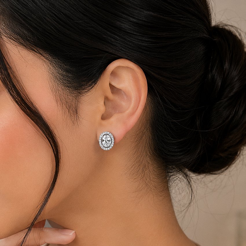Oval Halo Silver Stud Earrings