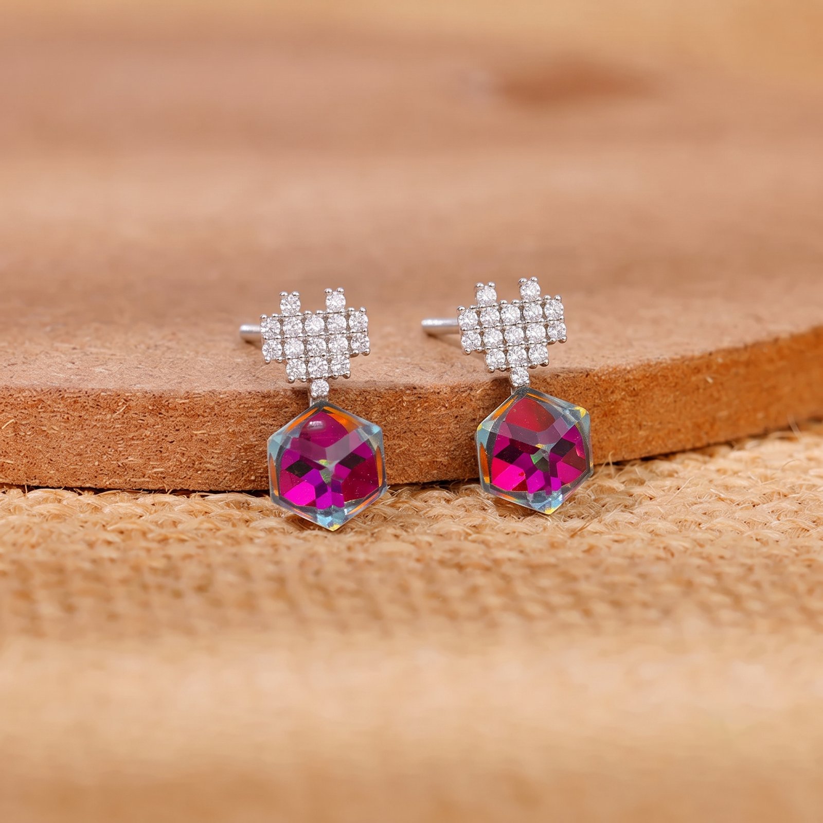 Crystal Cube Drop Silver Earrings