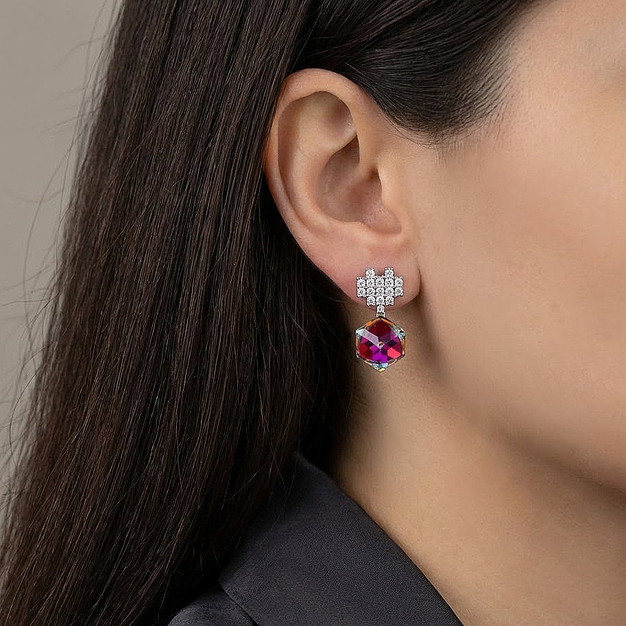 Crystal Cube Drop Silver Earrings