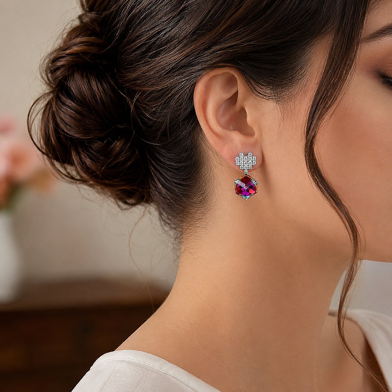 Crystal Cube Drop Silver Earrings