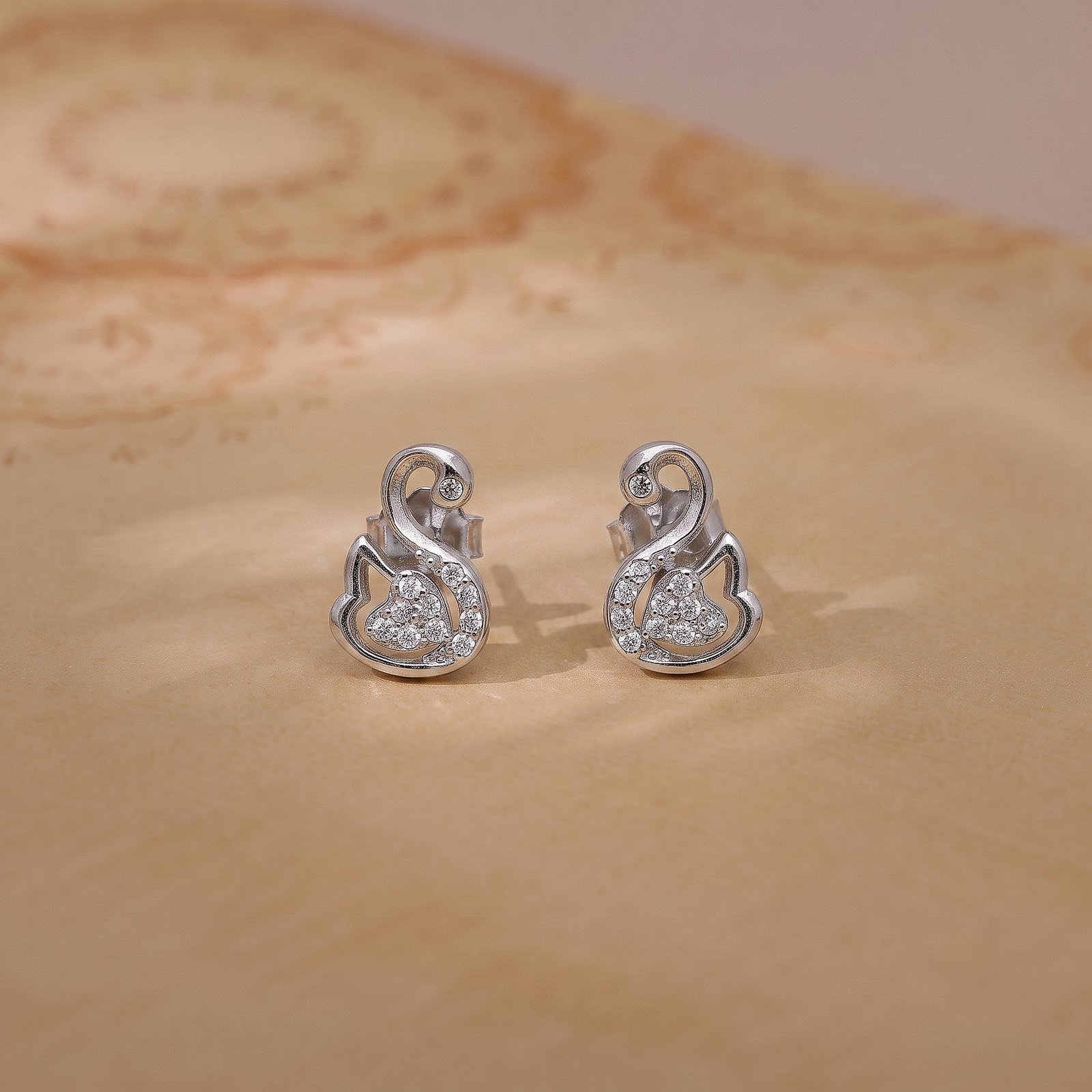 Swan Heart Silver Stud Earrings