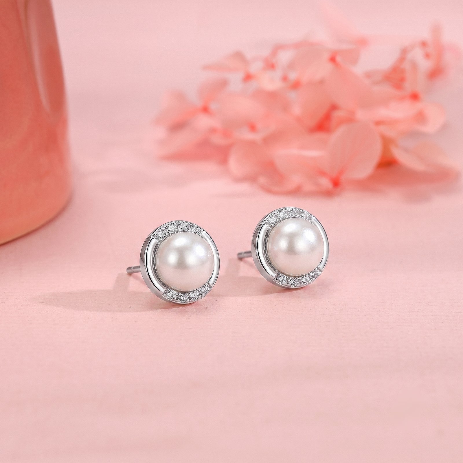 Pearl Halo Silver Stud Earrings