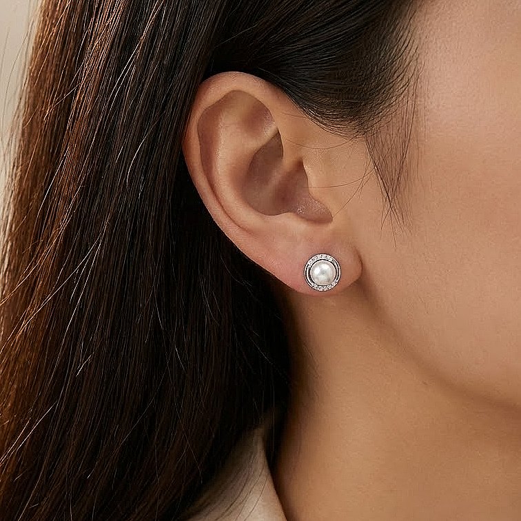 Pearl Halo Silver Stud Earrings