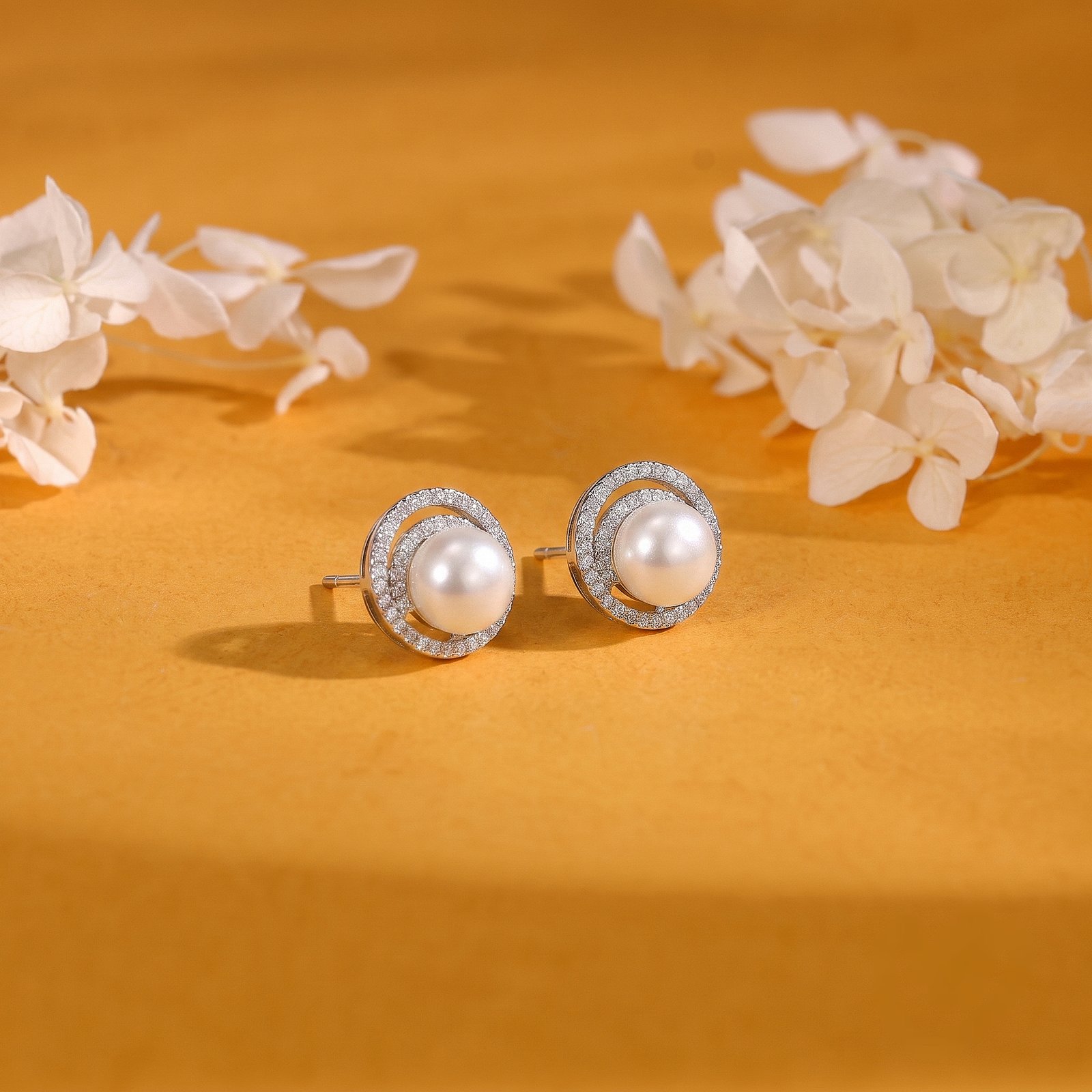 Pearl Double Halo Silver Stud Earrings
