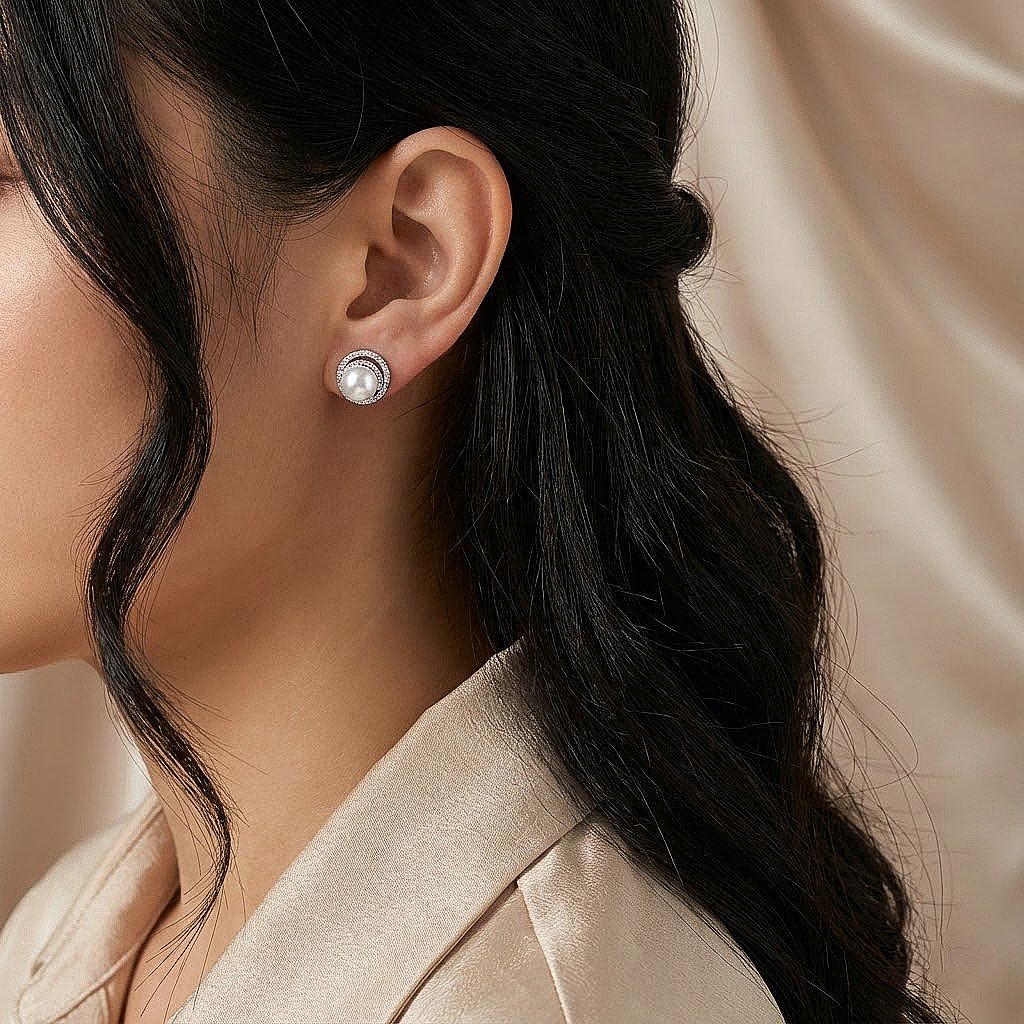 Pearl Double Halo Silver Stud Earrings