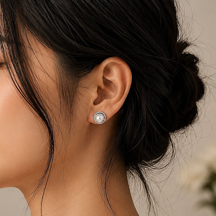 Pearl Double Halo Silver Stud Earrings