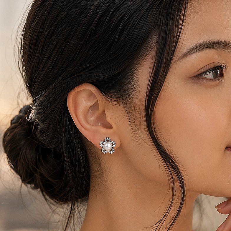 Pearl Floral Silver Stud Earrings
