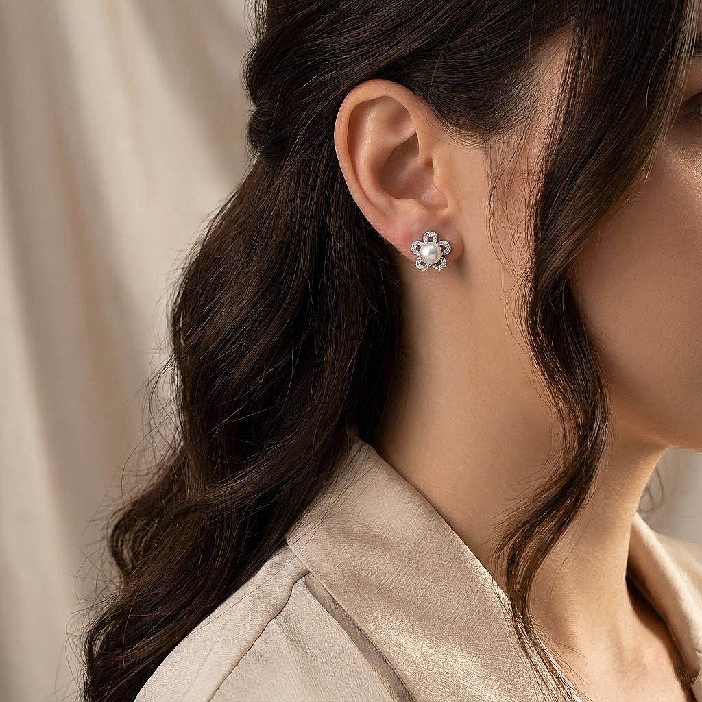 Pearl Floral Silver Stud Earrings