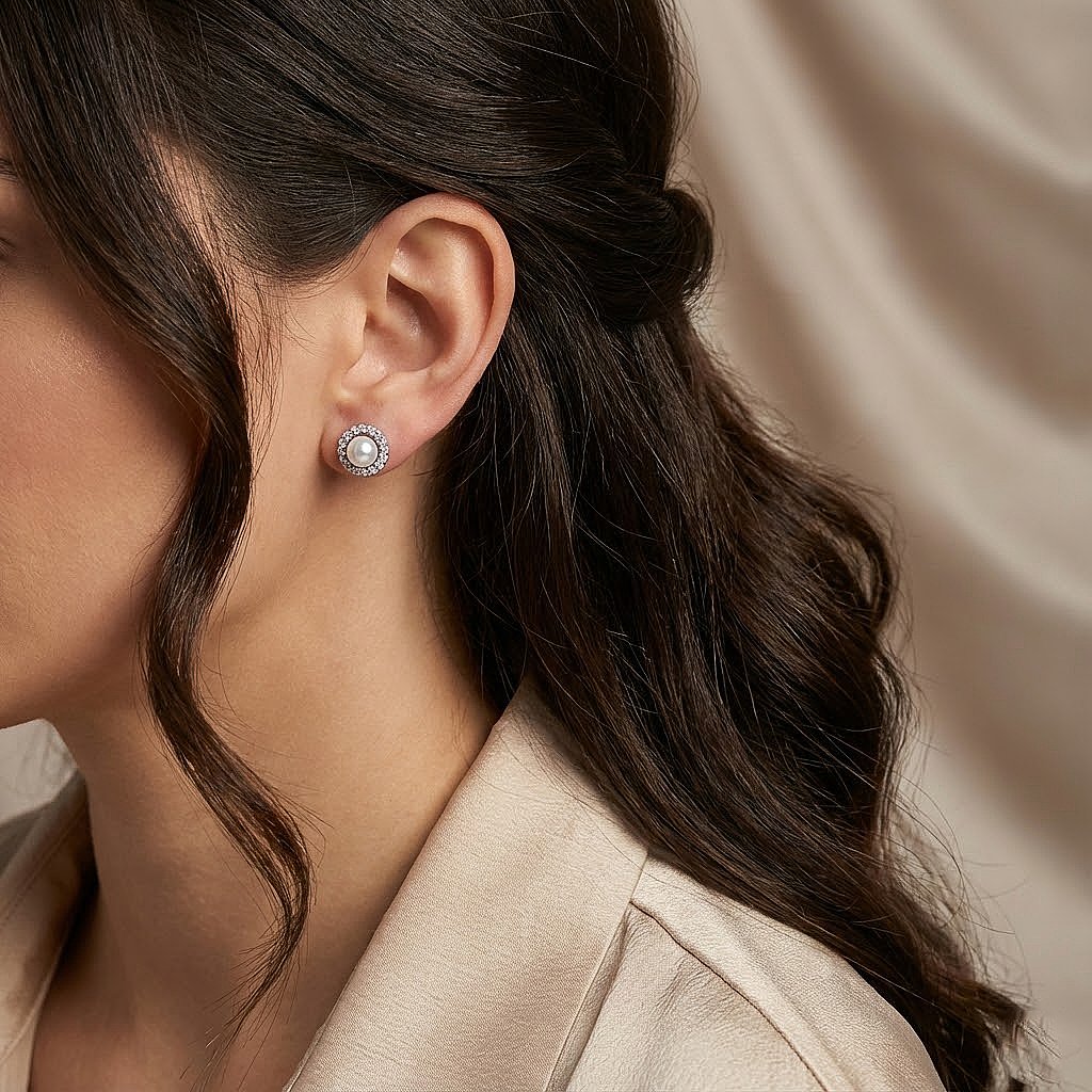 Pearl Halo Silver Stud Earrings
