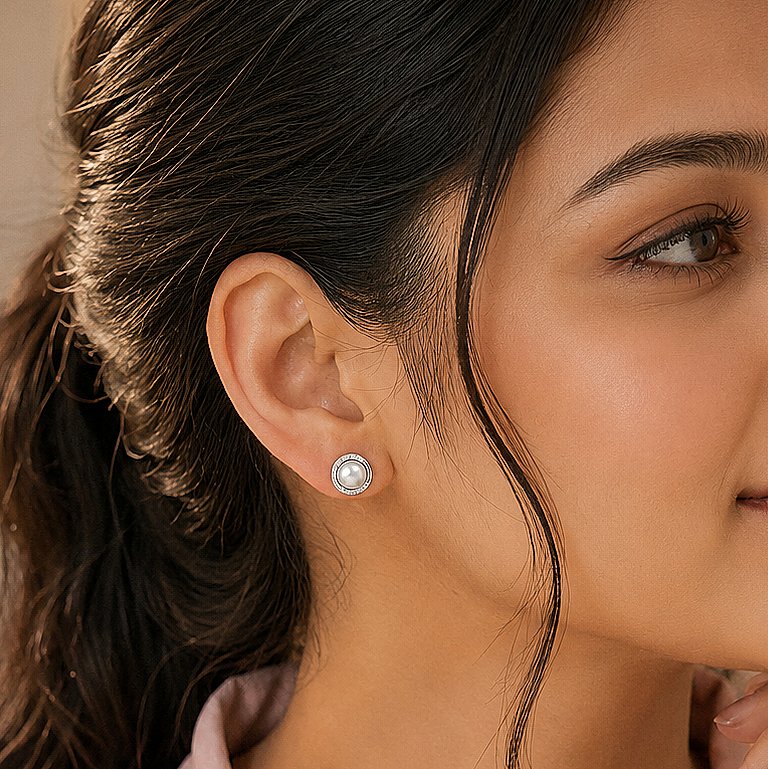 Pearl Halo Silver Stud Earrings