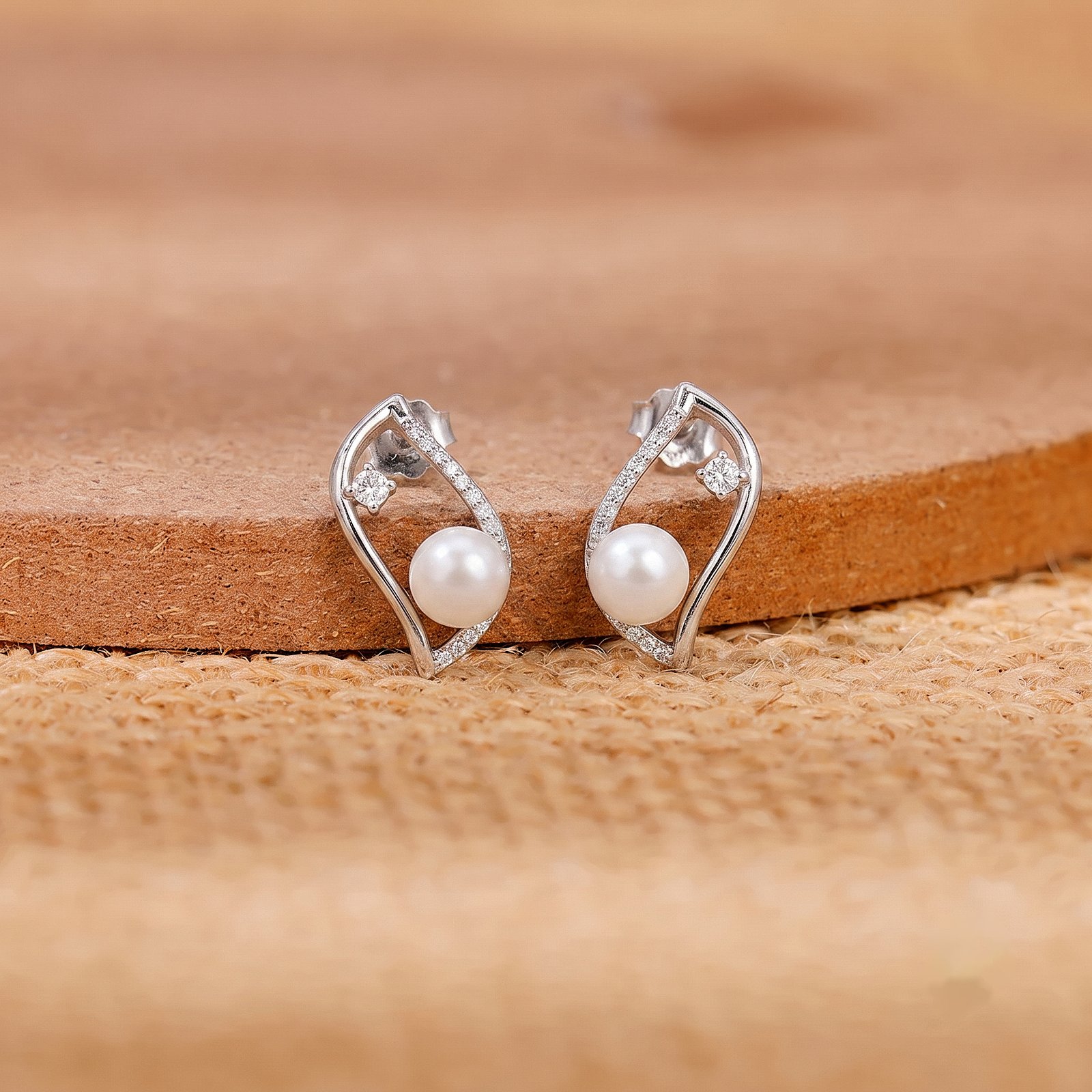 Pearl Leaf Silver Stud Earrings
