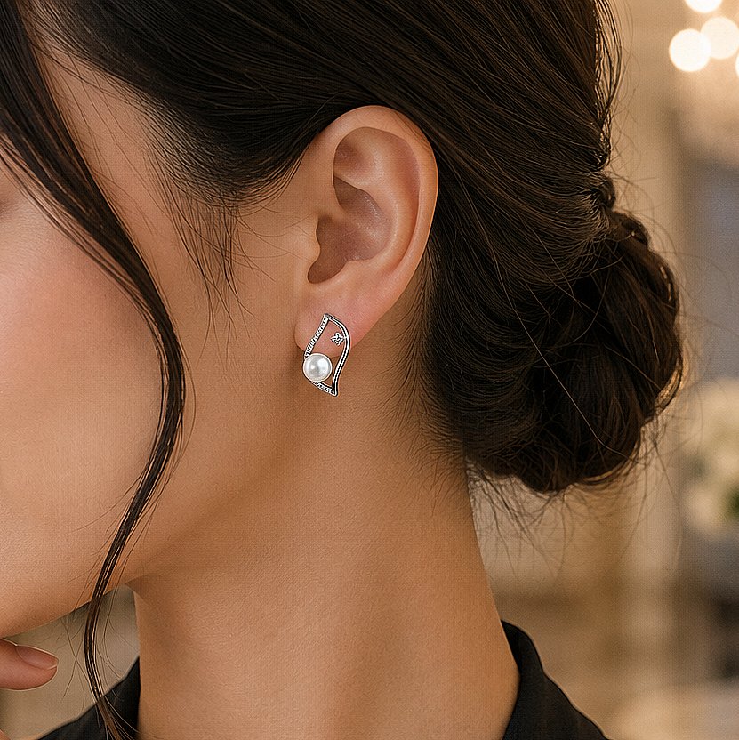 Pearl Leaf Silver Stud Earrings