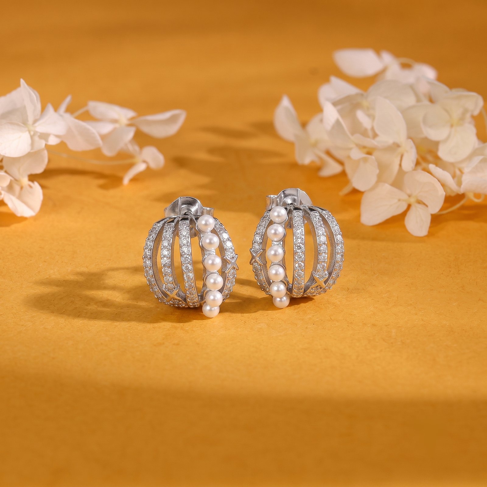 Pearl Multi-Band Silver Hoop Stud Earrings