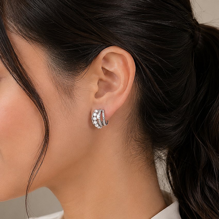 Pearl Multi-Band Silver Hoop Stud Earrings